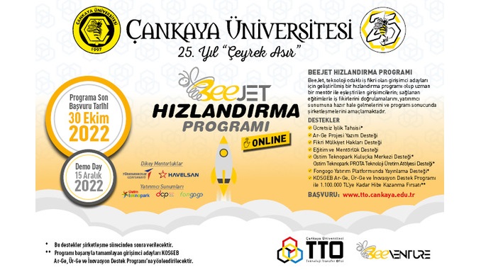 Çankaya Üniversitesi BeeJet Hızlandırma Programı (Online) Başlıyor! Başvuru Son Tarihi: 30 Ekim 2022, Demo Day: 15 Aralık 2022